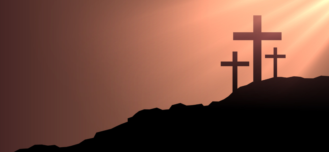 Into your hands banner, image of three crosses on a hill