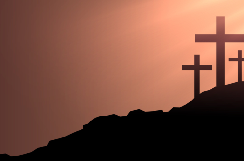 Into your hands banner, image of three crosses on a hill