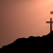 Into your hands banner, image of three crosses on a hill