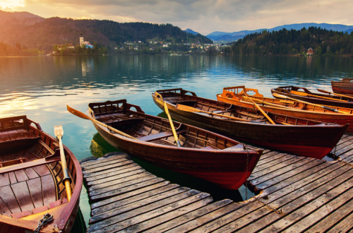 An image of rowboats docked in a still lake